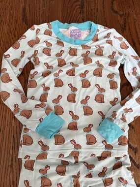 Poppy Kids chocolate Bunny Print bamboo Pajama Set in Light Blue Sz 3t